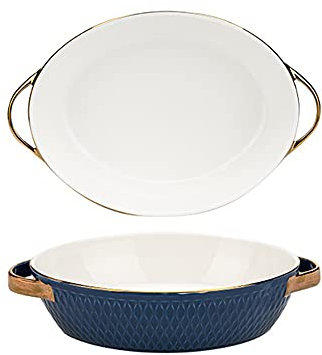 Fuente de Horno Conjunto de 2 platos for hornear de cerámica Cena redonda de platos, cacerola de asado seguro de horno con asas de plato óvalo, alimentación que sirve las bandejas de la cena Vajilla p