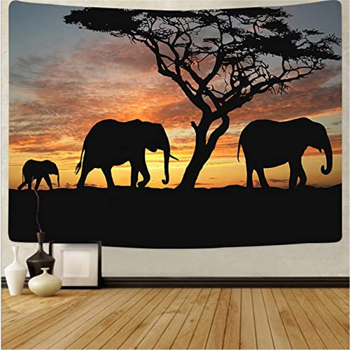 MEKPAM Afrikanische Wiese Wandteppich Ästhetisch Dämmerung Elefant Tierlandschaft Wandbehang Hintergrund Wanddecke Dekor Druck Bauernhaus 200x150cm