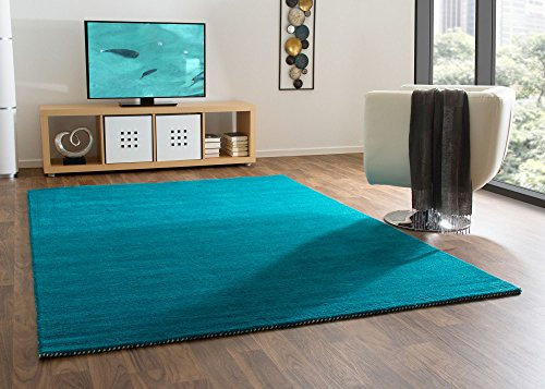 Steffensmeier Gabbeh Teppich Nomade | Wolle (Schurwolle), Türkis, Größe: 65x135 cm Kurzflor Teppich für Wohnzimmer, Flur, Ethno Look