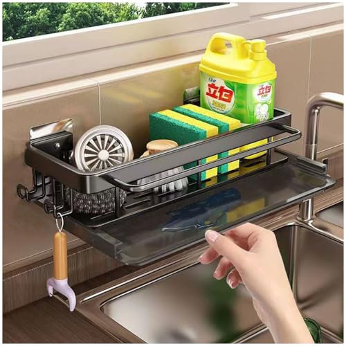 Axroad Mall Étagère murale pour évier de cuisine, sans perçage, porte-éponge pour évier bien rangé, organiseur de vaisselle avec plateau d'égouttement amovible et crochets (noir)