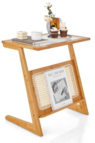 GIANTEX Table d'appoint en Z avec étagère en rotin, table basse étroite avec plateau en verre et porte-revues, table de nuit en bambou pour chambre, salon et étude, naturel