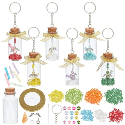 WEBEEDY Angel Wings Mini Glass Wishing Bottles Keychain DIY Message Jar Bottles Small Sand Art Glass Bottls with Cork Stoppers Beads Beach Ornaments 12 Sets for Fairy Birthday Wedding Party Favors