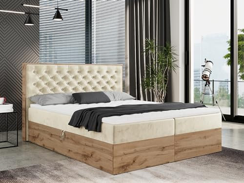 MKS MEBLE Boxspringbett 160x200 mit Bettkasten Holz Holzrahmen, Boxbett 160x200 mit Matratze H4 und Kopfteil - Beige Samt - Albero-3