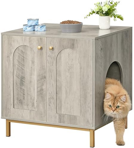 Hzuaneri Katzenschrank, Katzentoilette, Katzenklo Schrank, Katzenhaus mit Tür, Hölzerner Beistelltisch für das Haustierhaus, 60 x 50 x 61 cm, Stabile Katzenschrank, Greige und Gold CB81205G