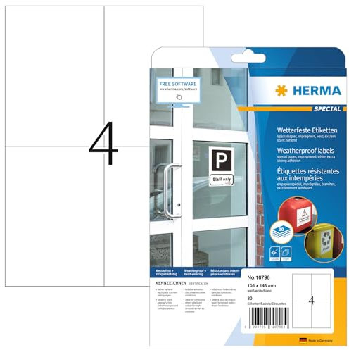 HERMA 10796 Wetterfeste Etiketten imprägniert, 20 Blatt, 105 x 148 mm, 4 pro A4 Bogen, 80 Stück, selbstklebend, bedruckbar, matt, blanko Outdoor Klebeetiketten aus Spezialpapier, weiß