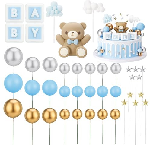41 PCS Bear Cake Decoration, Teddy Bear Cake Decorations Mini Balls Cake Toppers, BABY Letter Cupcake Toppers Blue Gold White Foam Balloon Pearl Ball for Baby Shower Birthday Party Supplies