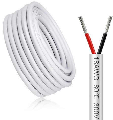 10 Meter 18AWG 2x0,75mm² Elektrischer Kabel, 2 Adriges Kabel 5V/12V/24V/300V Weiß Verzinntes Kupferkabel, Flexibel und Weich Niedrige Impedanz Hohe Temperaturbeständigkeit Verlängerungskabel