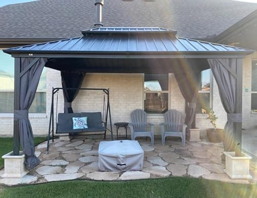 PURPLE LEAF Tonnelle de Jardin Exterieur 4,25 x 3,65 m Tonnelle Jardin avec Moustiquaire et Rideaux Pergola Aluminium à Double Toit Acier Galvanisé Tonnelles de Camping Imperméable pour Terrasse, Gris