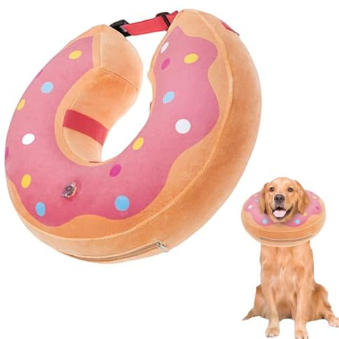 LittleBean Aufblasbare Halskrause Hund Katze Schutzkragen Krägen für Haustiere Hundekragen Leckschutz für Genesung nach Operationen oder Wunden (Rosa Donuts, [Neck: 16-18.5] XL)