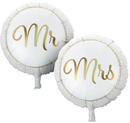 Folienballons Mr und Mrs 46cm 2er Set - zur Befüllung mit Luft oder Helium - runde Ballons für Hochzeit Hochzeitstag Jubiläum und romantische Anlässe - Hochzeitsdeko Luftballons - Weiß Gold