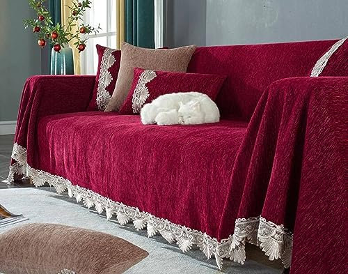 Bishilin Couchbezug 4 Sitzer Nordisch, Sofabezug Ecksofa Universal Weinrot mit Spitze 180x380CM Überwurf Sofa Chenille