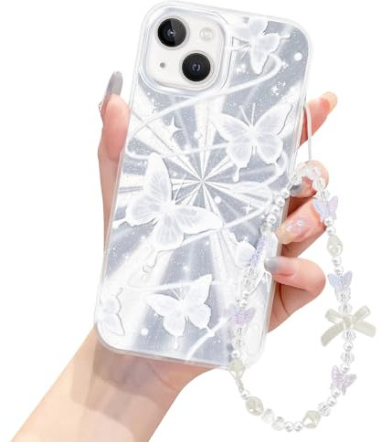 Newseego Compatible for iPhone 14 Case, Cute Butterfly Aesthetic Design Girls Women Shinny Sparkly Phone Case Girly Shockproof iPhone 14 Protective Bumper Cover with Chain