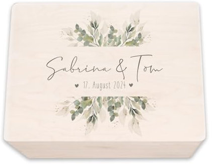 hellomini Personalisierte Erinnerungskiste aus Holz - Geschenk zur Hochzeit | Individuell mit Namen & Datum - Hochzeitsgeschenk/Hochzeitskiste (Blätter, S: 30x20x14cm)