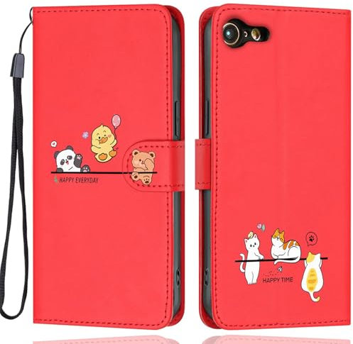 Aisenth Case for iPhone 7/8/SE 2nd/3rd Gen, Cute Bear, Cat, Panda, Duck, Koala Animal Cartoon Pattern PU Leather Wallet Flip Case Shockproof Magnetic Cover with Kickstand, Card Holder, Red