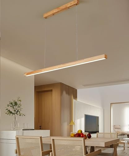 LED Pendelleuchte esstisch holz dimmbar, moderne LED Hängeleuchte mit Fernbedienung, höhenverstellbar moderne Linear design wohnzimmerlampe hängend für esszimmer büro Küche lampe (Holz, 100cm)