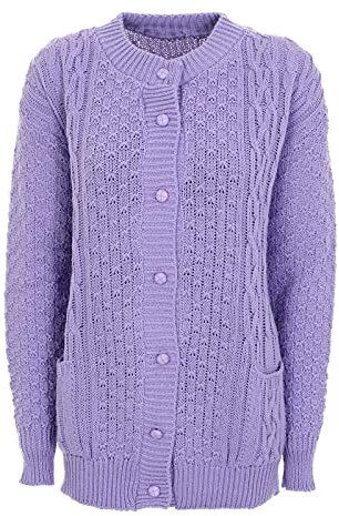 New Womens Ladies Button Up 2 Front Pockets Full Sleeve Round Neck Cable Knitted Cardigan Lilac - Mb 16-18