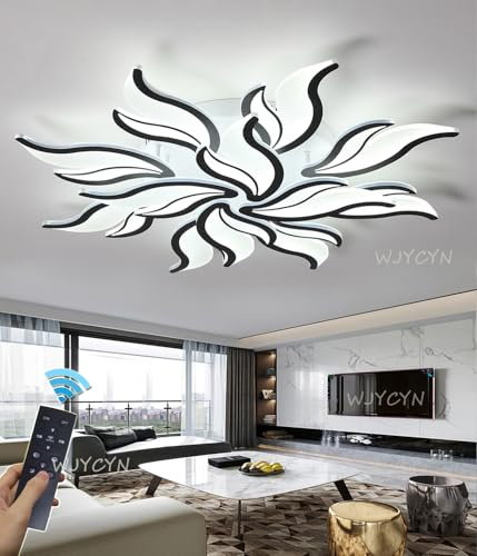 Dimmbar LED Deckenleuchte Modern Groß Wohnzimmerlampe Kreative Blumenform Design Schlafzimmer Küchen Deckenlampe mit Fernbedienung Deckenbeleuchtung Eisen Acryl Kronleuchter (Schwarz, 12 Heads,90cm)