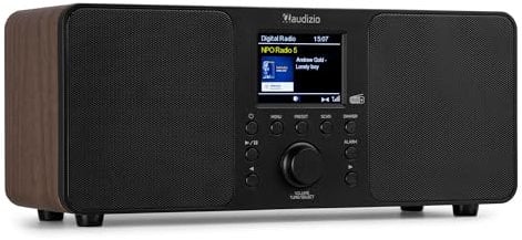Audizio Genua DAB Radio with Bluetooth, 50W Stereo Speakers, FM Digital Radio, 30 Preset Stations, DAB+, Dual Alarm Clock, Remote Control, USB MP3 Playback, Wood Finish