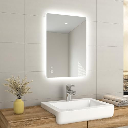 EMKE 600 X 800 mm Backlit Illuminated Bluetooth Speaker Bathroom Mirrors with Shaver Socket, Wall Mounted Bathroom Vanity Mirror with LED Lights and Demister Pad, Energy-Saving LED Smart Mirrors