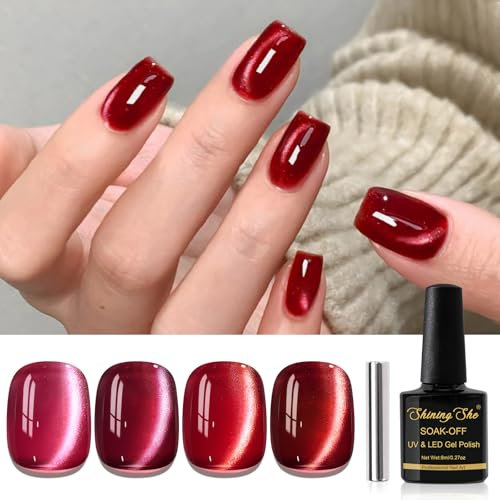 Shining She Rot UV Nagellack Jelly Magnet CatEye, 4 Farben Burgund Rot Kirschrot Glitzer Kristalle Cat Eye Gel, Soak-Off Set für Nagelkunst Maniküre Salon, 8ML