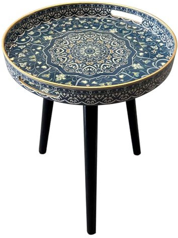 Simmer Stone Round Outdoor Side Tables with Detachable Wooden 3 Legs, Versatile Tray Table, Perfect For Round Coffee Table Tea, and Relaxation Time 17.7 Inch (Blue Maze)