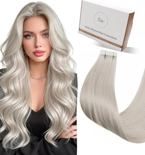 Hetto Tape Extensions Echthaar 50cm 50g Blond #60 Invisible Klebeband | Silberblond, Friseur Qualität Remy Haarverlängerung Tape-in,Schonende & Wiederverwendbare Haarverdichtung