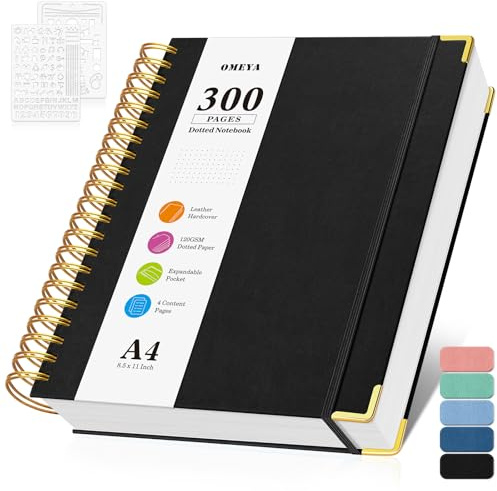 Notizblock, Notizbuch A4 Gepunktetes, Bullet Dotted Journal, Notizbücher mit 300 Seiten, 120GSM, Hardcover Leder spiralbindung Dot Journal für Frauen und Männer,Großes Notizbuch für Arbeit Büro Schule