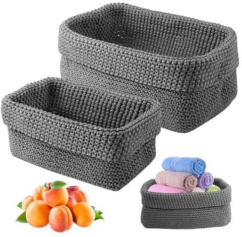 2 Stück Schminke Korb Grau, 29x15x18.5cm, 21x13x15.5cm Stapelbare Häkelkorb | Regalkörbe für Handtücher Kosmetik, Badezimmer Aufbewahrungskorb, Kleine Körbchen Häkelkorb, für Schlafzimmer, Büro