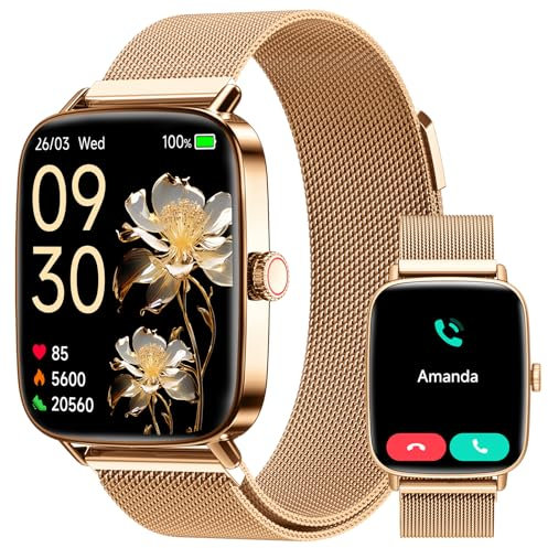 Smart Watches for Women, [1.85 HD Screen] Answer/Make Calls, Ladies Smart Watches for Samsung/Android/iPhone, Fitness Watch with Heart Rate Sleep SpO2 Monitor,Dynamic Watch Faces 60FPS-Rose Metal