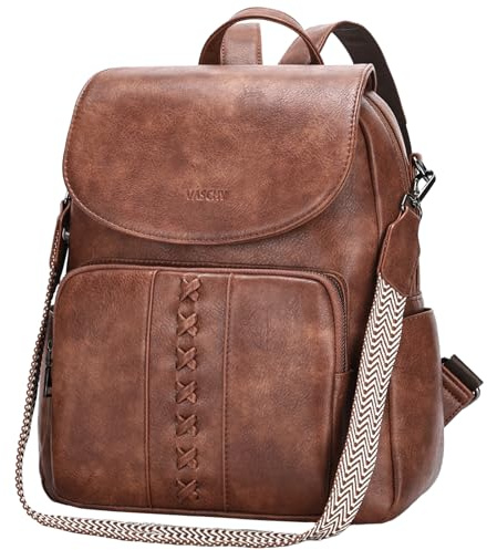 VASCHY Rucksack Damen Leder, Lederrucksack Elegant Mode Rucksackhandtaschen Mittelgroß Rucksäcke für Frauen mit Gitarrenriemen