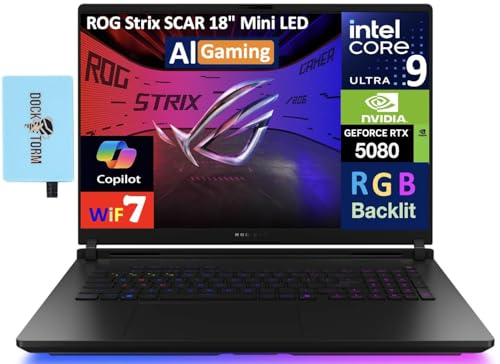 ASUS ROG Strix Scar AI Gaming Laptop 18 240Hz Mini LED WQXGA Display (Intel Ultra 9-275HX, GeForce RTX 5080 16GB, 64GB DDR5, 2x4TB PCIe SSD (8TB), RGB KB, Win 11 Pro) w/DKZ USB Port Expander