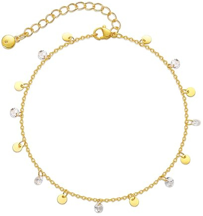Cangall Gold Fußkettchen für Damen, 22+5cm Flexibel Verstellbar Fußketten für Frauen, Sommer Beach Stil Fußkette mit Plättchen & Zirkonia am Fußgelenk, Sommer Barfuß Strand Gold Fußkettchen Geschenk
