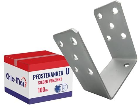 Chle-Mar Pfostenträger mit U-Bügel 100 mm aus verzinktem Stahl | Fester Balkenschuh, Pfostenanker für Zaun- & Holzbau, Pfostenschuh zum Aufschrauben