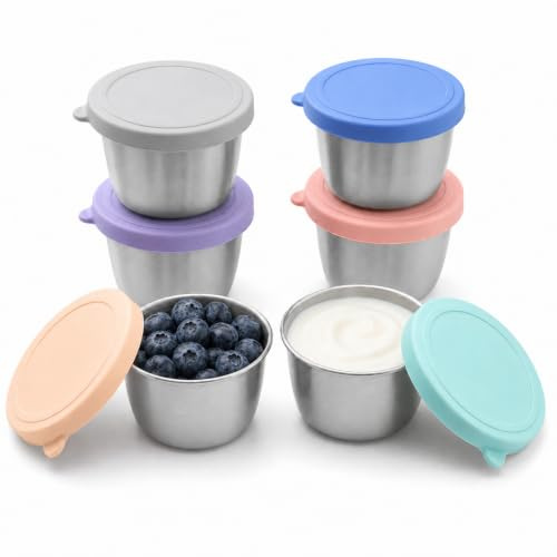 PandaEar 6 Pack 2.4 oz Stainless Steel Salad Dressing Containers with Lids, Sauce Condiment Containers with Leakproof Lids, Reusable Small Cups for Salad Dressing, Lunch Box, Travel & Meal Prep