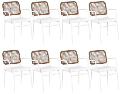 Beliani Set of 8 Garden Chairs Metal Aluminium Stackable Powder Coated Finish Outdoor with Extra Cushions White and Brown Taceno