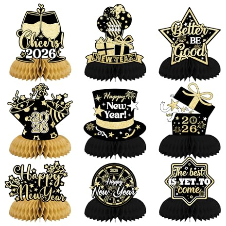 9 Stück Silvester Deko 2026,Neujahr Bienenwabe Deko,Happy New Year Tischdeko 2026,Schwarz Gold Bienenwabe Mittelstücke für Neujahr Tischdeko Tischaufsätze