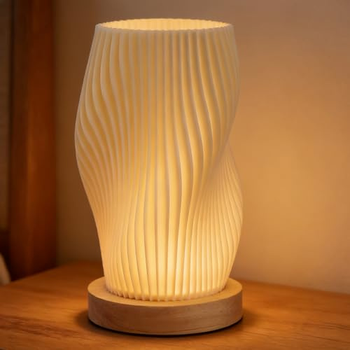 Calenxy Nachttischlampe mit Holzsockel, 9-stufig Dimmbare Tischleuchte mit PLA Lampenschirm, USB-Betrieb, 3 Lichtfarben, Kleine Lampe für Schlafzimmer Wohnzimmer Nachttisch, langlebig und sicher