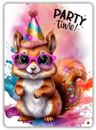 celebr8te 12x Party Eichhörnchen Glitzer Einladungskarten - Teenager Kindergeburtstag Jungen & Mädchen - coole Tier Geburtstagseinladungen inkl. Messenger Bild & Urlaubsgutschein