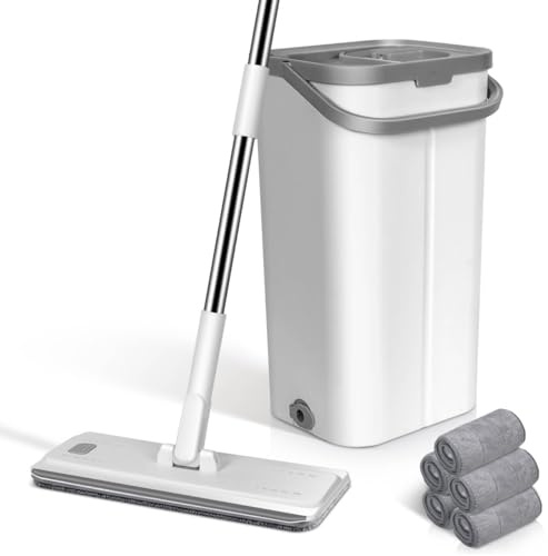 Mop and Buckets Sets, MASTERTOP Floor Mop and Bucket, Squeeze Mops with 137cm Stainless Steel Handle, Flat Mops Buckets for Laminate Tile Hardwood Wall Cleaning, Send 5pcs Wet & Dry Pads - Grey