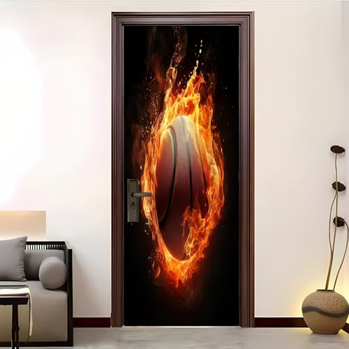 Abnehmbar Türtapete 90x200 cmSport Flamme Basketball Selbstklebend PVC Vinyl TürPoster Schwarz Wasserfest 3D Türaufkleber für Schlafzimmer Gang Tür verschönern Deko