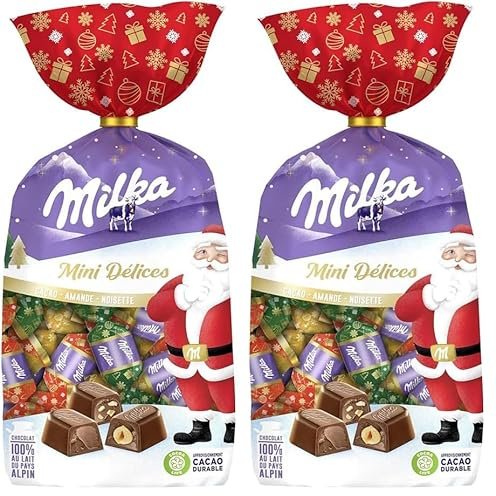MILKA - Mini Délices - Assortiment de Chocolats de Noël - 3 Goûts : Cacao, Amande, Noisette - Chocolat à Offrir - Idée Cadeau de Noël - 320g (Lot de 2)