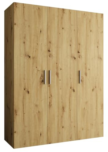 MEBLE KRYSPOL - Kleiderschrank - Garderobenschrank - 150 cm x 202 x 52 cm - Schrank mit Kleiderstange, 3 Türen - für Schlafzimmer, Flur - BARI, Artisan-Eiche, Griff Silber