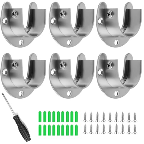 6 Pcs Stainless Steel Wardrobe Rail Bracket Holders 19/22/25/32mm U Shaped Flange Rod Holder Heavy Duty Closet Rod End Supports for Clothes Rail, Towel Bar, Shower Curtain (Silver, 22mm)