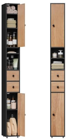 EUGAD Badezimmerschrank, Badschrank Schmal Hoch, 20 cm breit, Schwarz+Eiche | Hochschrank bad, Aufbewahrungsschrank mit verstellbaren Ablagen, offene Fächer, für kleine Räume, modern 20x20x180 cm