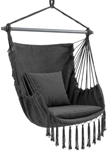 Sekey Hängesessel mit 2 Kissen & Seitentasche - Boho Hängestuhl bis 120 kg - Robuste Metallstange & Anti-Rutsch-Ringe - Atmungsaktive Hängeschaukel für Indoor, Balkon & Garten, Anthrazit