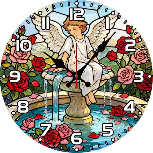 Geroclonup 12 Inch Rose Garden Angel Water Fountain Round Wooden Wall Clock Silent Non Ticking Vintage Religious Decor Clock Christian Baptism Bedroom Farmhouse Decor Gift for Women Mom