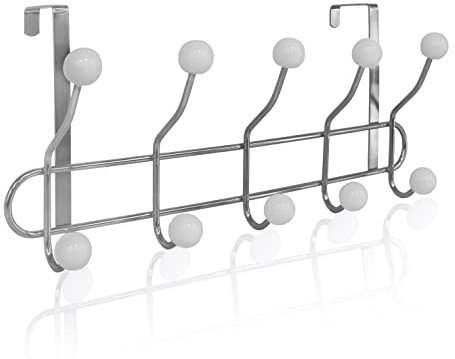 Knight 10 Hooks Over The Door Hanger Metal Chrome Plated, Fits Any Standard Door, Bedroom, Bathroom, for Clothes, Bags, Belts – 38cm Width x 16cm Height (White)