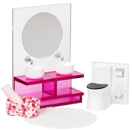 LUNDBY Dolls House Furniture Bathroom Set – Mirror Vanity Unit with 2 Sinks + Toilet – Doll House Accessories – 5-piece set for 11cm Mini Dolls – Age 4+ 1:18