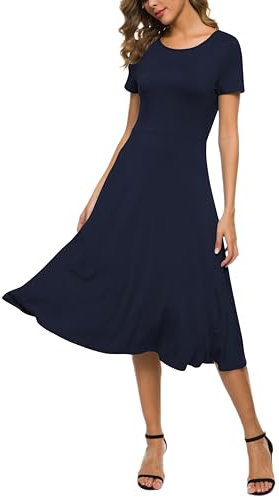 EXCHIC Damen Casual Rundhals A-Linie Kurzarm Midi Kleid Sommer Stretchy Knie Langes Freizeitkleider(L, Navy blau)
