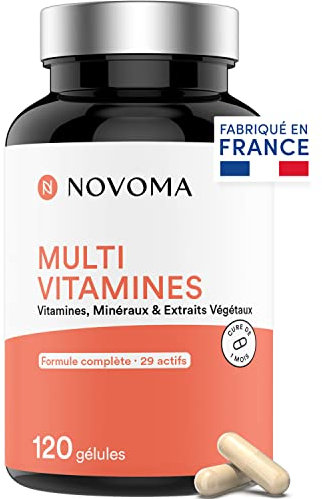 NOVOMA Multivitamines et Minéraux, 29 Vitamines & Actifs A B C D3 E K2 + Magnésium & Zinc, 120 gélules, Complément Alimentaire Immunité pour Femme et Homme, Fabriqué en France